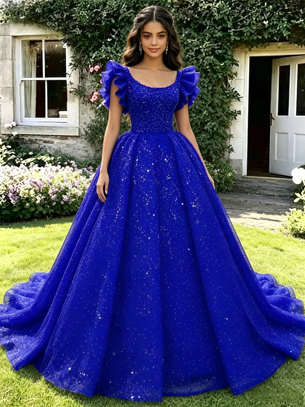 Blue Tulle Sequins Straps Quinceanera Dress