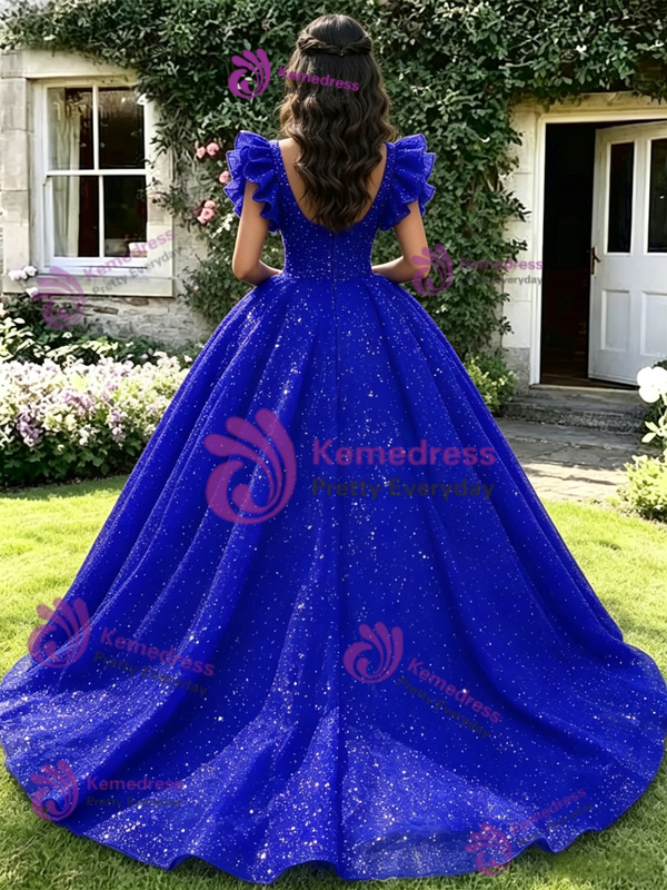 Blue Tulle Sequins Straps Quinceanera Dress