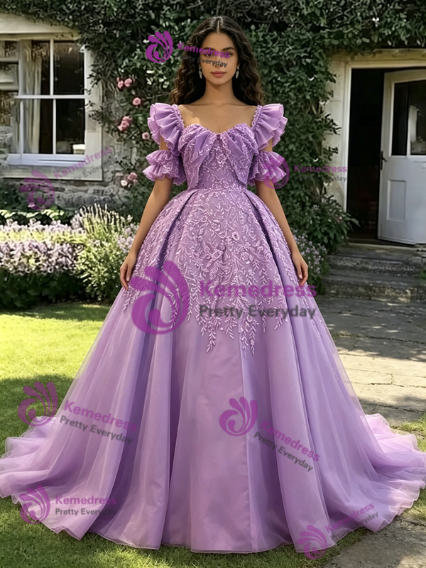 Purple Tulle Short Sleeve Appliques Quinceanera Dress