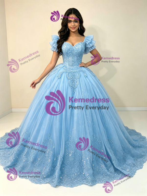 Blue Tulle Appliques Quinceanera Dress