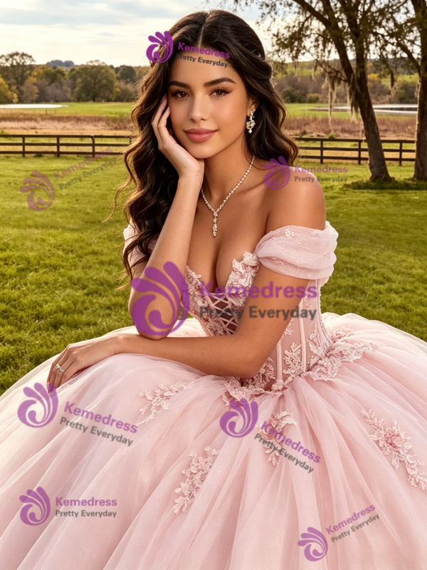 Pink Tulle 3D Appliques Quinceanera Dress