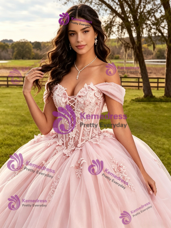 Pink Tulle 3D Appliques Quinceanera Dress