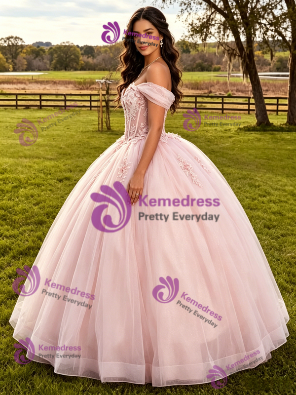 Pink Tulle 3D Appliques Quinceanera Dress