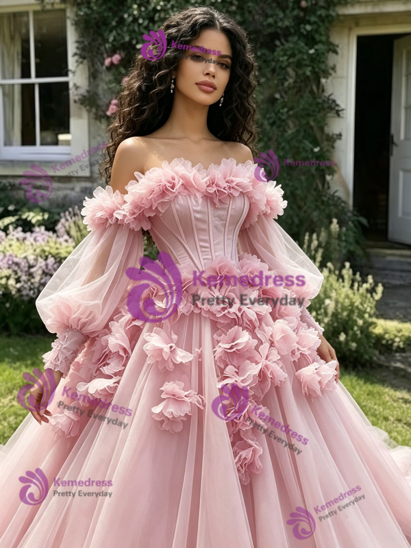 Pink Tulle Long Sleeve 3D Flower Quinceanera Dress