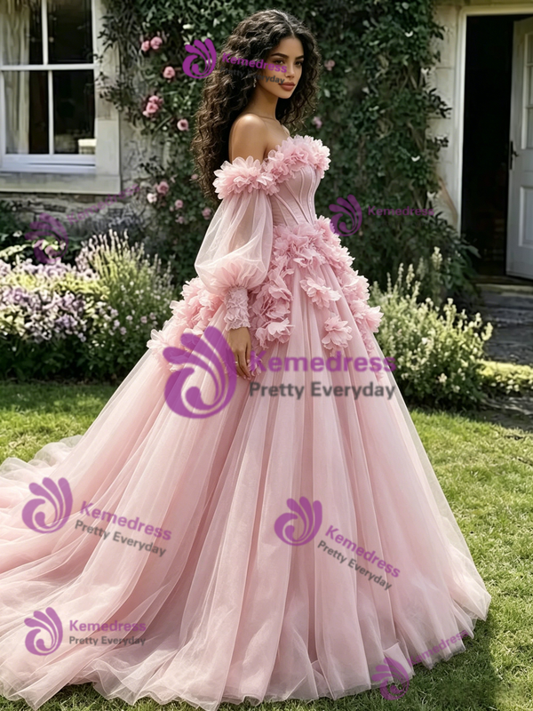 Pink Tulle Long Sleeve 3D Flower Quinceanera Dress