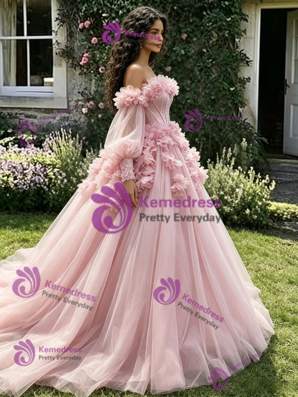 Pink Tulle Long Sleeve 3D Flower Quinceanera Dress