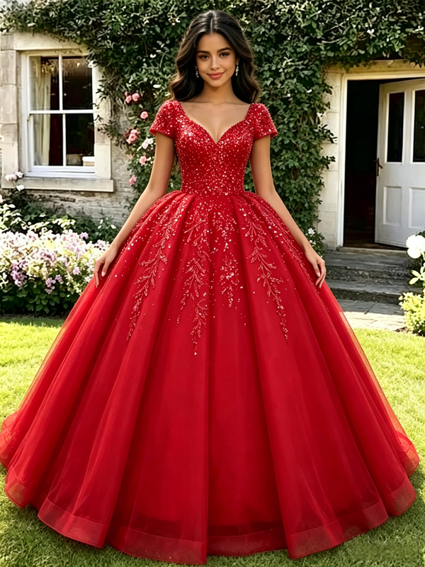 Red Tulle Sequins V-Neck Quinceanera Dress