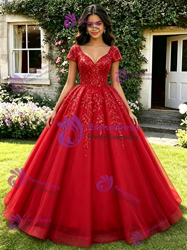 Red Tulle Sequins V-Neck Quinceanera Dress