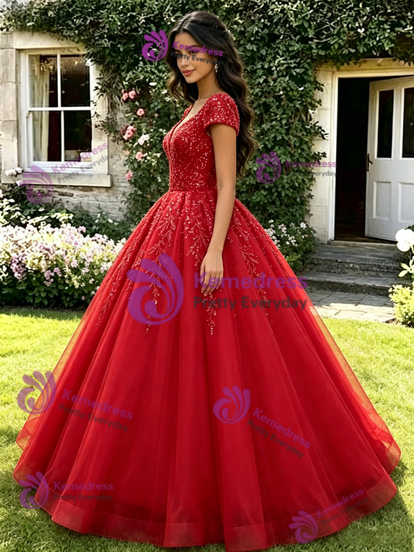 Red Tulle Sequins V-Neck Quinceanera Dress