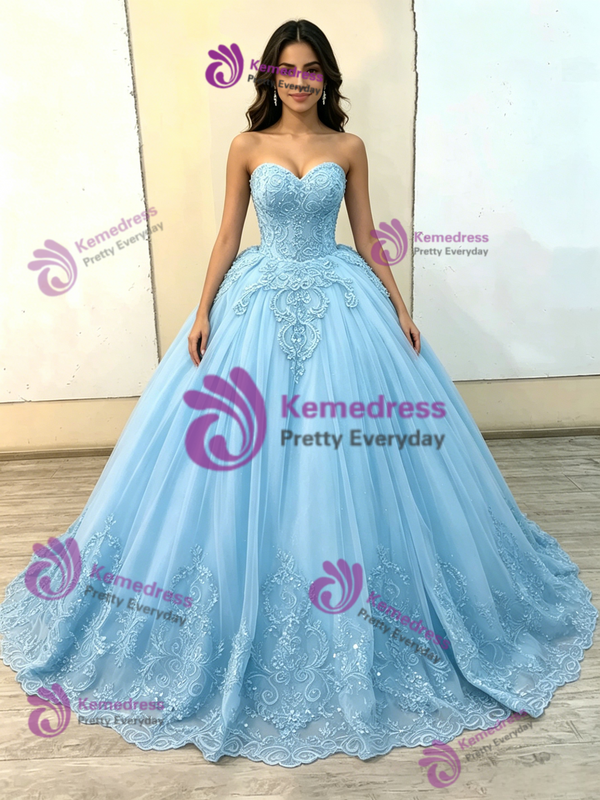 Fashion Blue Tulle Strapless Appliques Quinceanera Dress