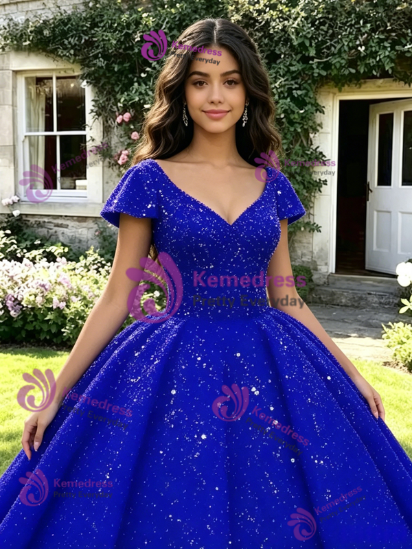 Blue Sequins V-Neck Cap Sleeve Quinceanera Dress
