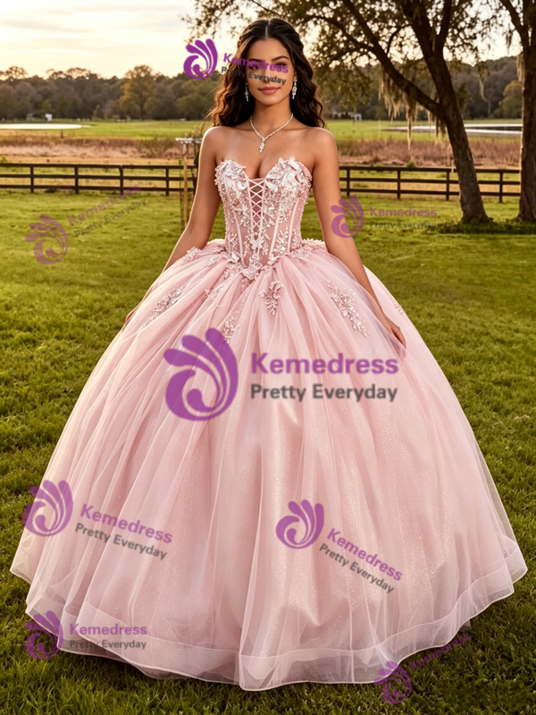 Pink Tulle Strapless Appliques Quinceanera Dress