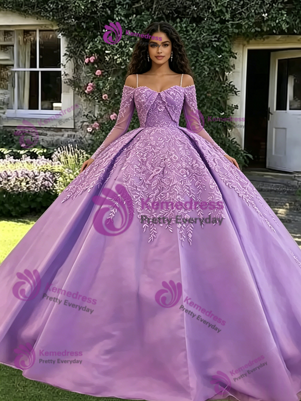 Purple Long Sleeve Straps Lace Appliques Quinceanera Dress
