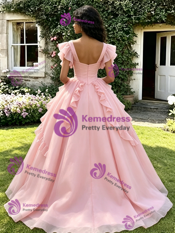 Ball Gown Pink Tulle Straps Quinceanera Dress