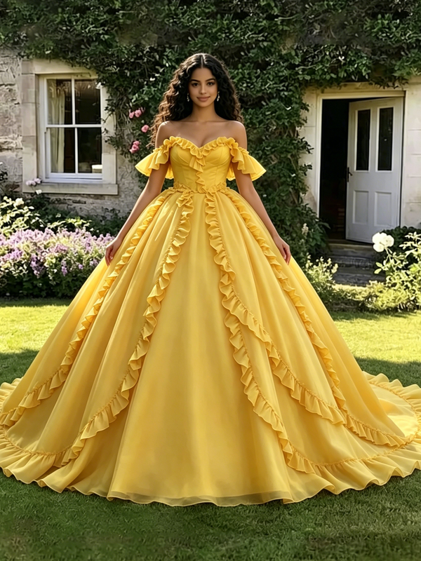Yellow Tulle Off The Shoulder Quinceanera Dress