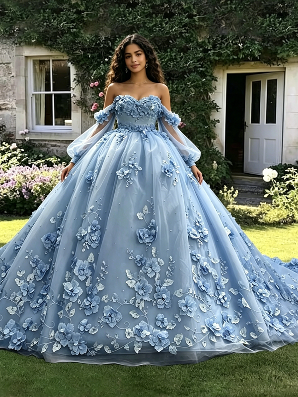 Blue Tulle 3D Appliques Long Sleeve Quinceanera Dress