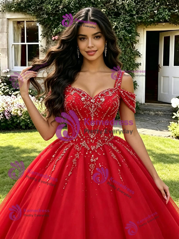 Simple Red Tulle Straps Beading Quinceanera Dress