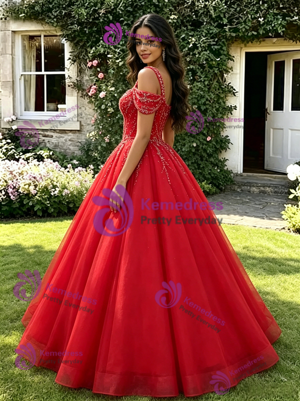 Simple Red Tulle Straps Beading Quinceanera Dress
