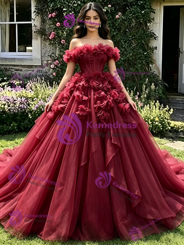 Burgundy Tulle Off The Shoulder 3D Flower Quinceanera Dress