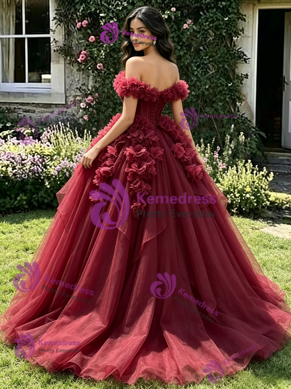 Burgundy Tulle Off The Shoulder 3D Flower Quinceanera Dress