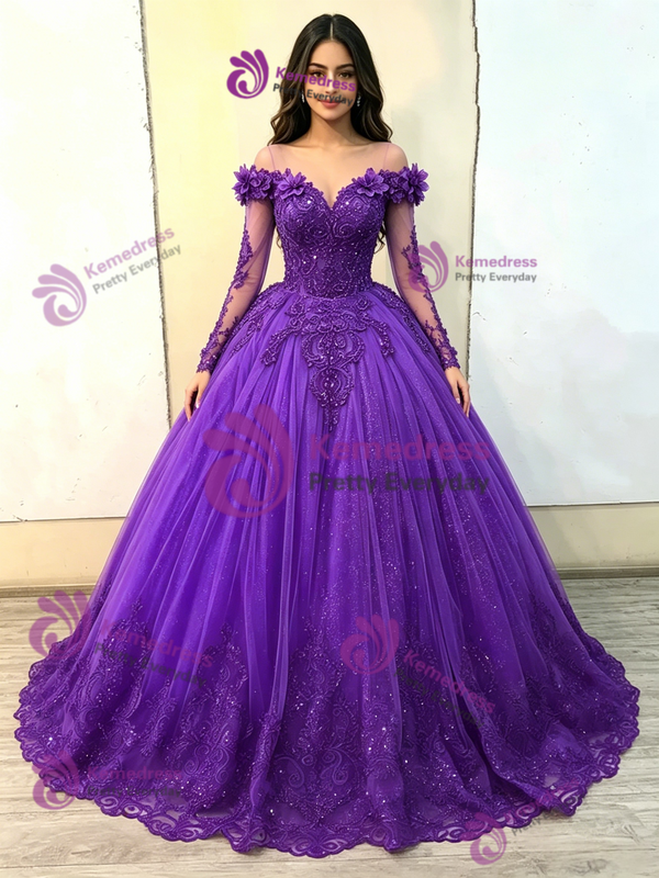 Purple Tulle Long Sleeve Appliques Quinceanera Dress