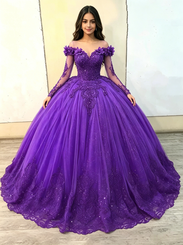 Purple Tulle Long Sleeve Appliques Quinceanera Dress