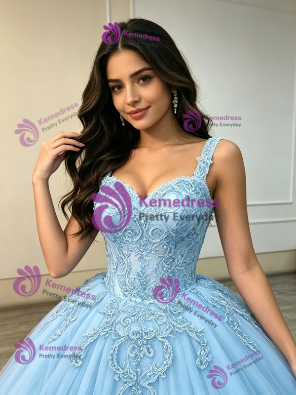 Blue Tulle Straps Lace Appliques Quinceanera Dress