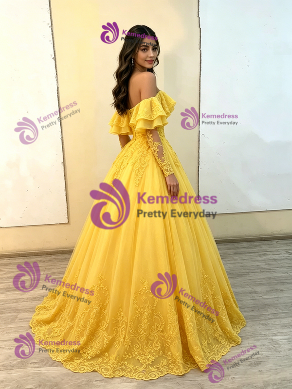 Yellow Tulle Long Sleeve Appliques Quinceanera Dress
