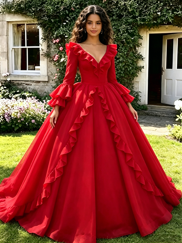 Red V-Neck Long Sleeve Quinceanera Dress