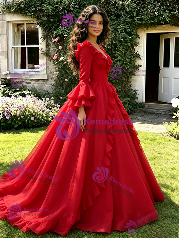 Red V-Neck Long Sleeve Quinceanera Dress