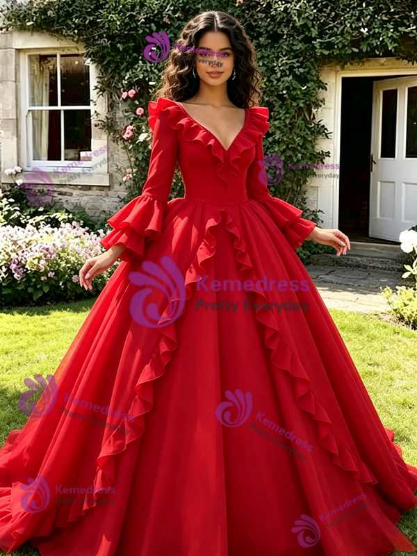 Red V-Neck Long Sleeve Quinceanera Dress