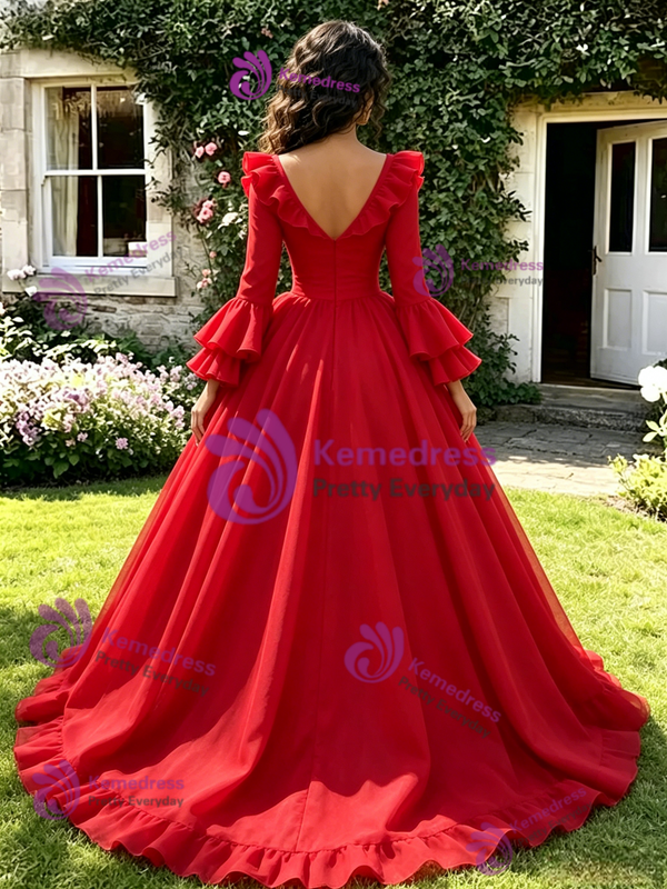Red V-Neck Long Sleeve Quinceanera Dress
