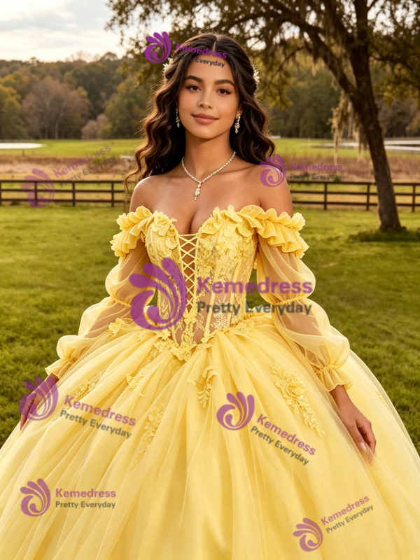 Yellow Tulle Appliques Long Sleeve Quinceanera Dress