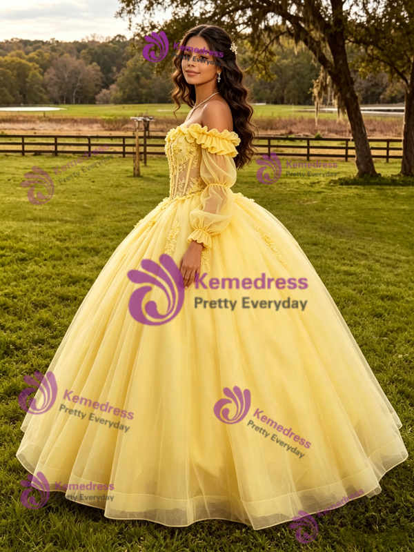 Yellow Tulle Appliques Long Sleeve Quinceanera Dress