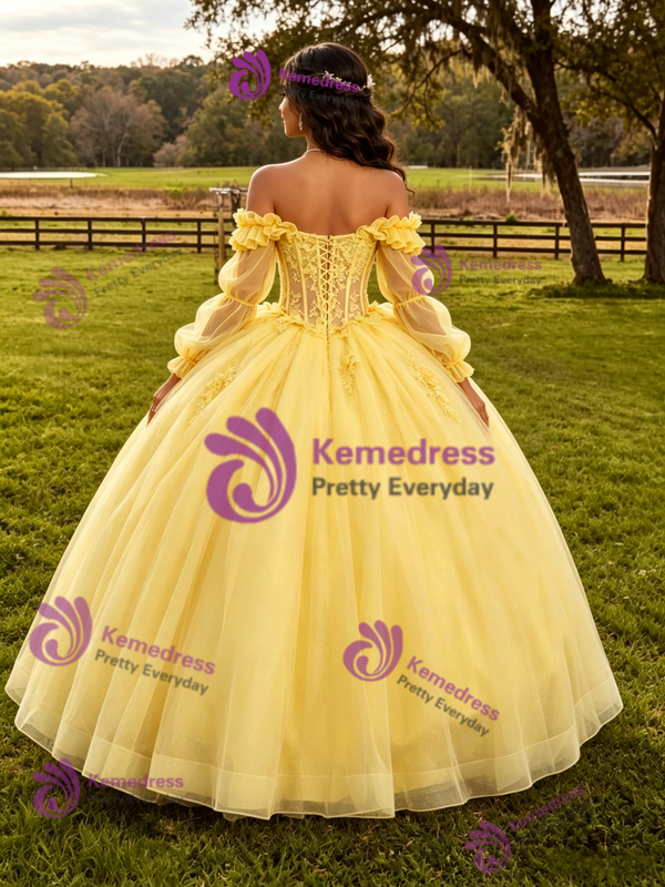 Yellow Tulle Appliques Long Sleeve Quinceanera Dress