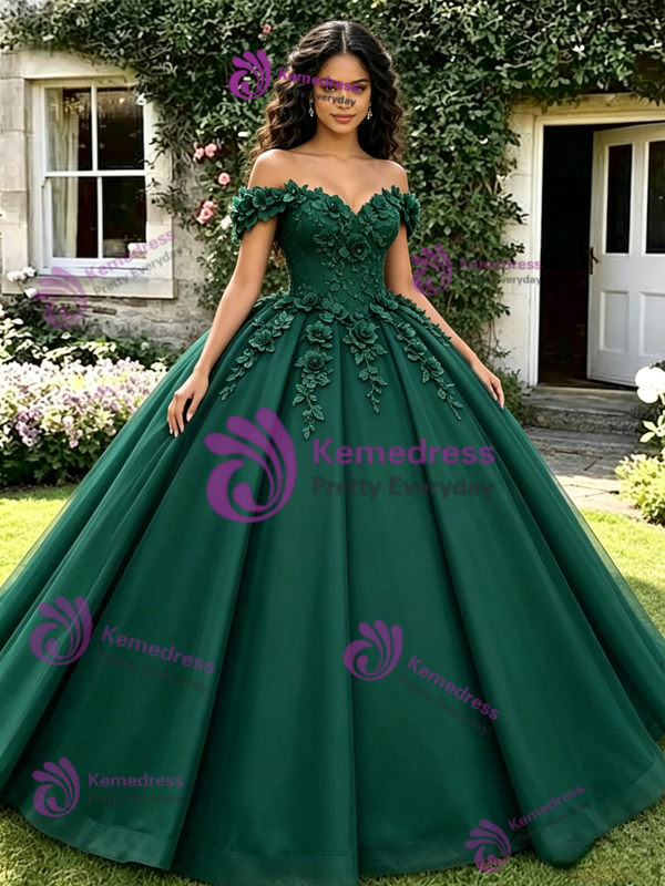 Green Tulle Off the Shoulder 3D Flower Quinceanera Dress