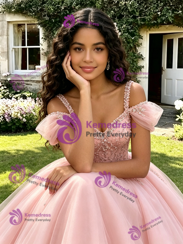 Red Tulle Straps Beading Quinceanera Dress