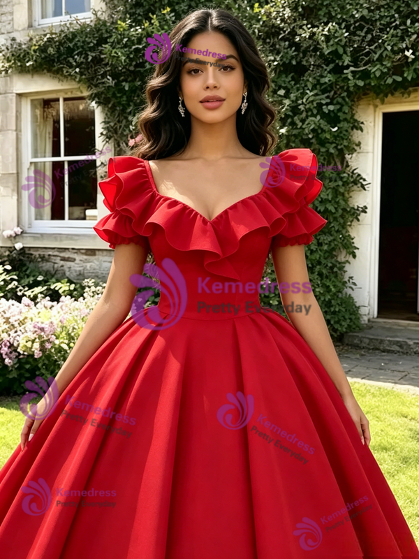 Red Square Neck Puff Sleeve Quinceanera Dress
