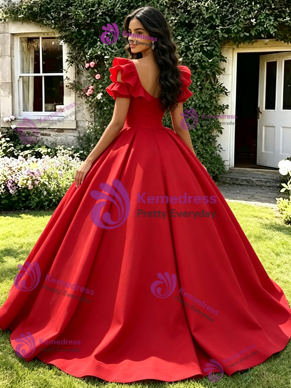 Red Square Neck Puff Sleeve Quinceanera Dress