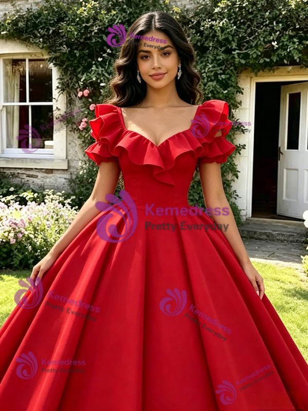 Red Square Neck Puff Sleeve Quinceanera Dress