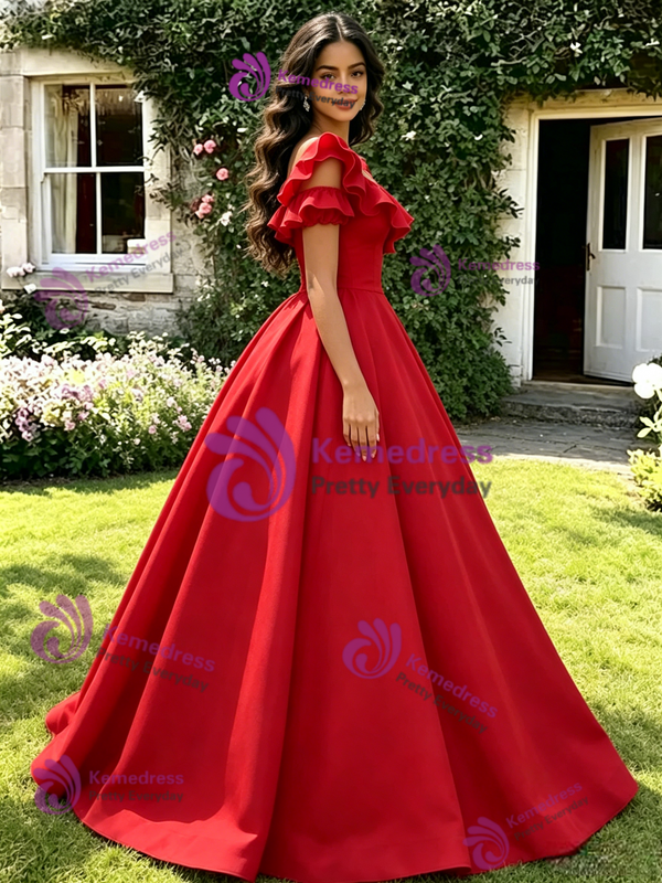 Red Square Neck Puff Sleeve Quinceanera Dress