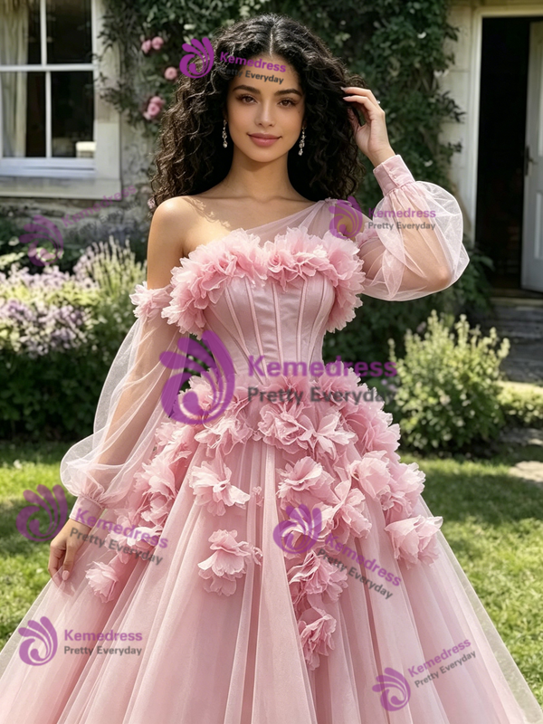Pink Tulle Long Sleeve Flower Quinceanera Dress
