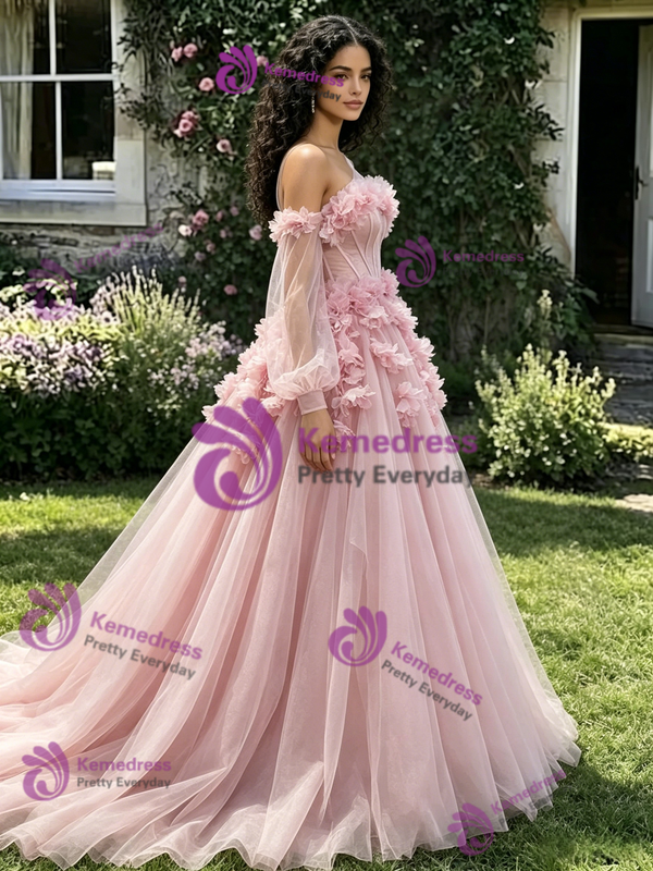 Pink Tulle Long Sleeve Flower Quinceanera Dress