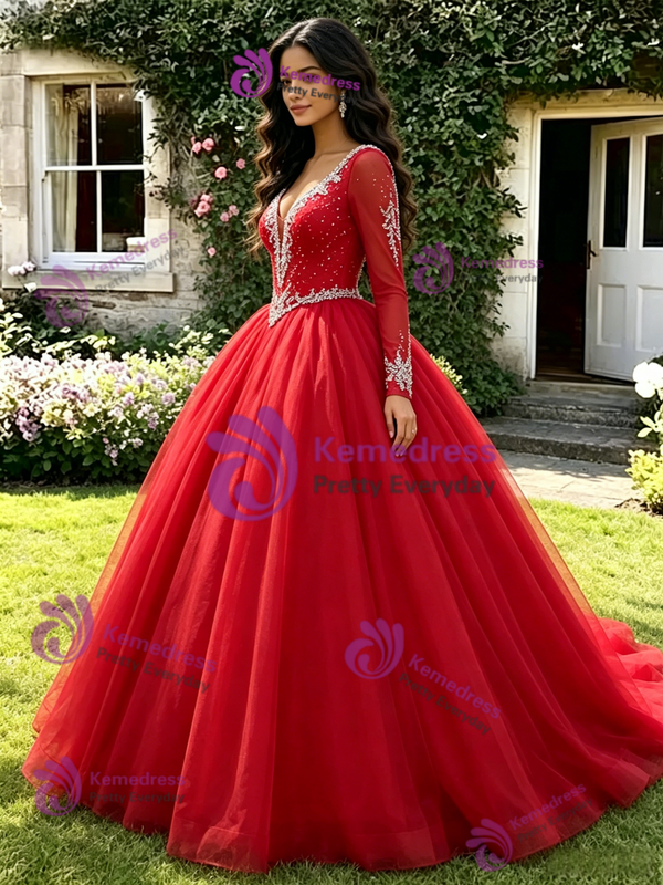 Red Tulle V-Neck Long Sleeve Quinceanera Dress