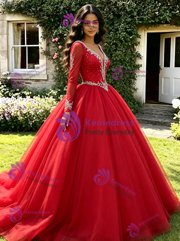 Red Tulle V-Neck Long Sleeve Quinceanera Dress