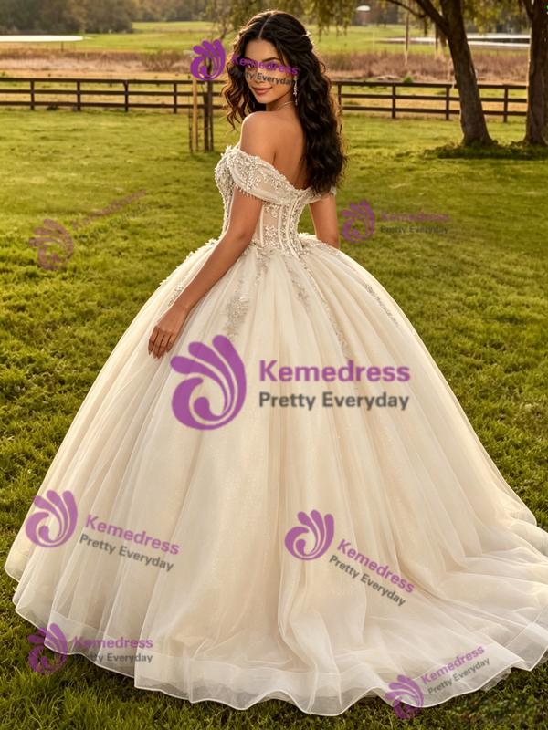 Champagne Tulle Appliques Off The Shoulder Quinceanera Dress