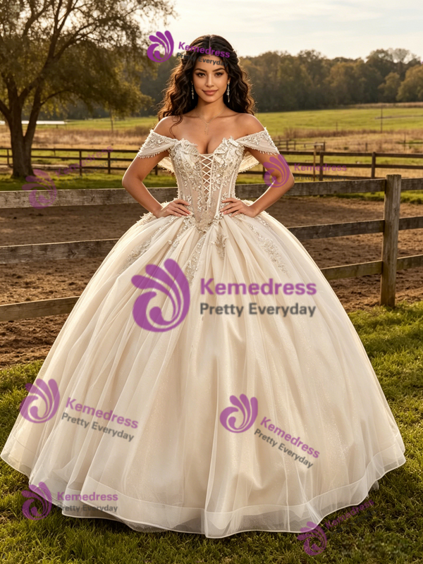 Champagne Tulle Appliques Off The Shoulder Quinceanera Dress
