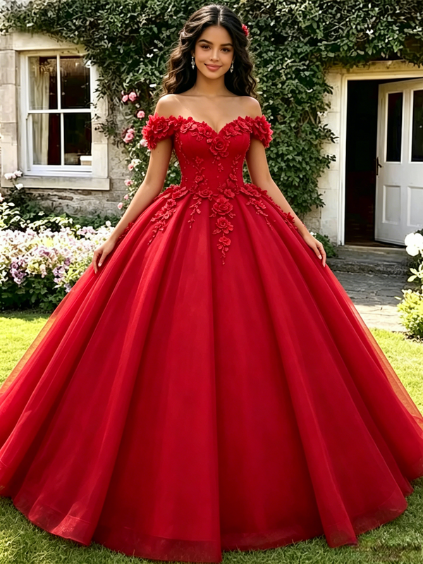 Red Off The Shoulder Appliques Quinceanera Dress