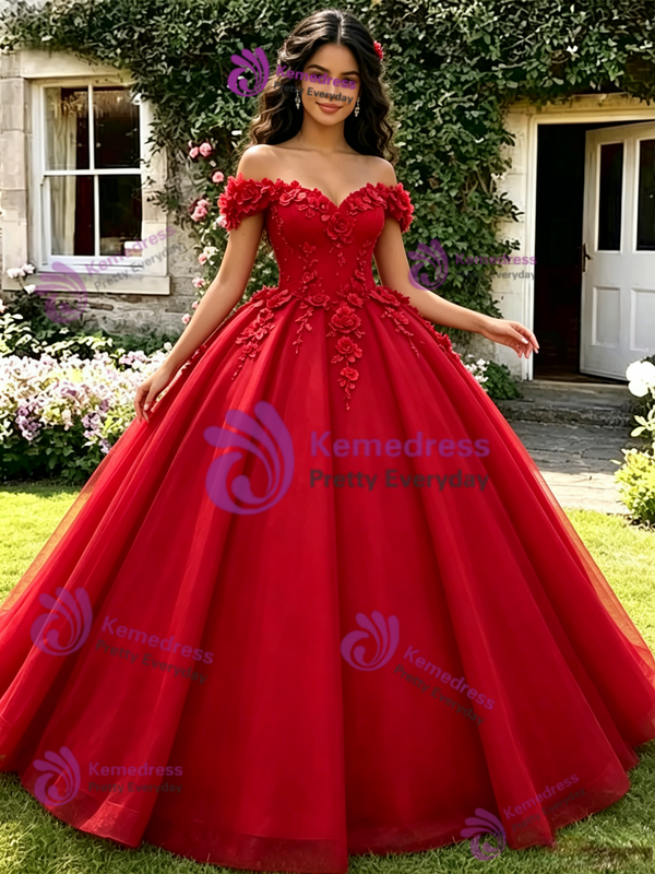Red Off The Shoulder Appliques Quinceanera Dress