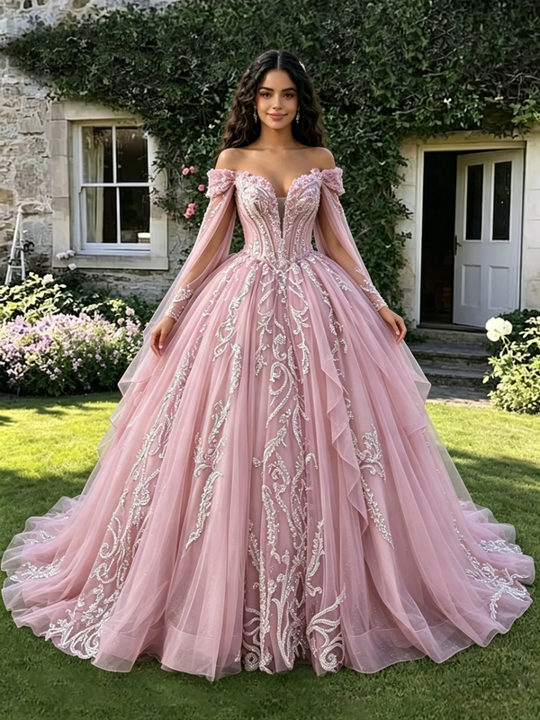 Pink Off The Shoulder Appliques Quinceanera Dress